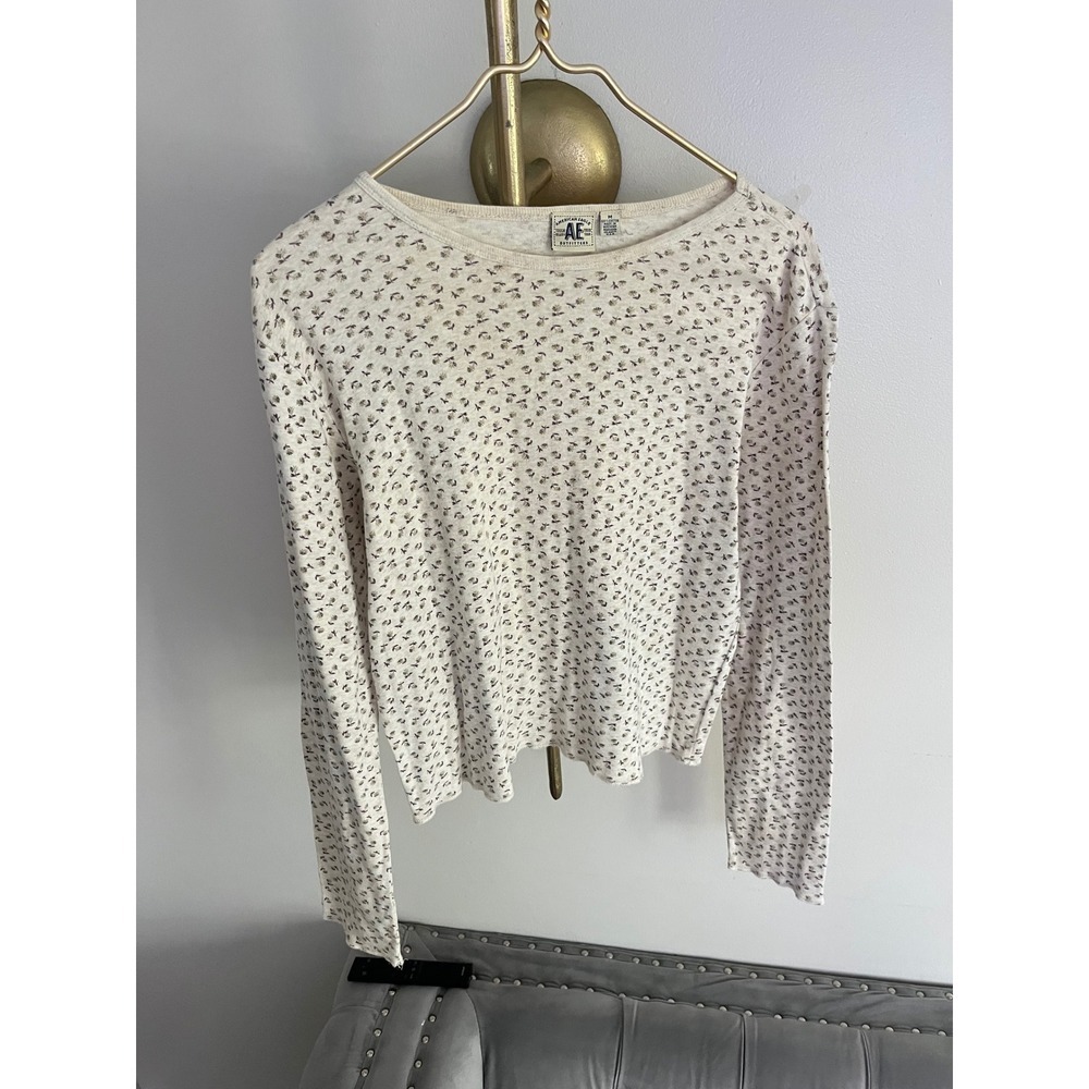 Vintage 90s American Eagle Floral Cotton Long Sleeve Top Cream Cottagecore M